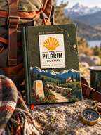 Trail Green hardcover Camino journal beside a backpack