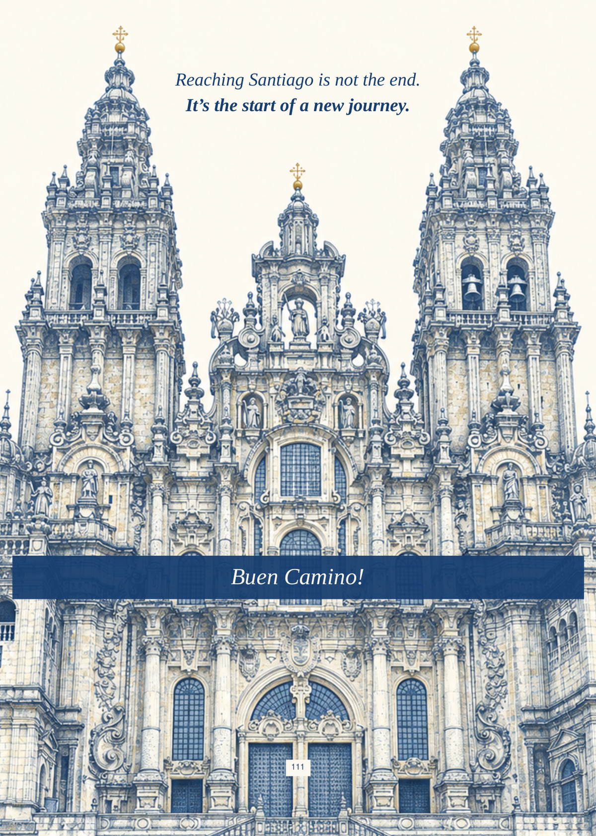 Buen Camino closing page featuring Santiago Cathedral