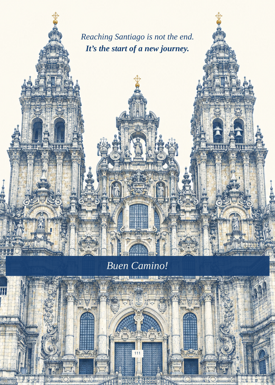 Buen Camino closing page featuring Santiago Cathedral