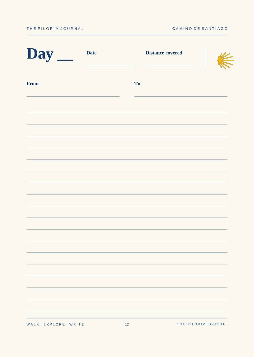Day, date, distance and route — the daily journal page
