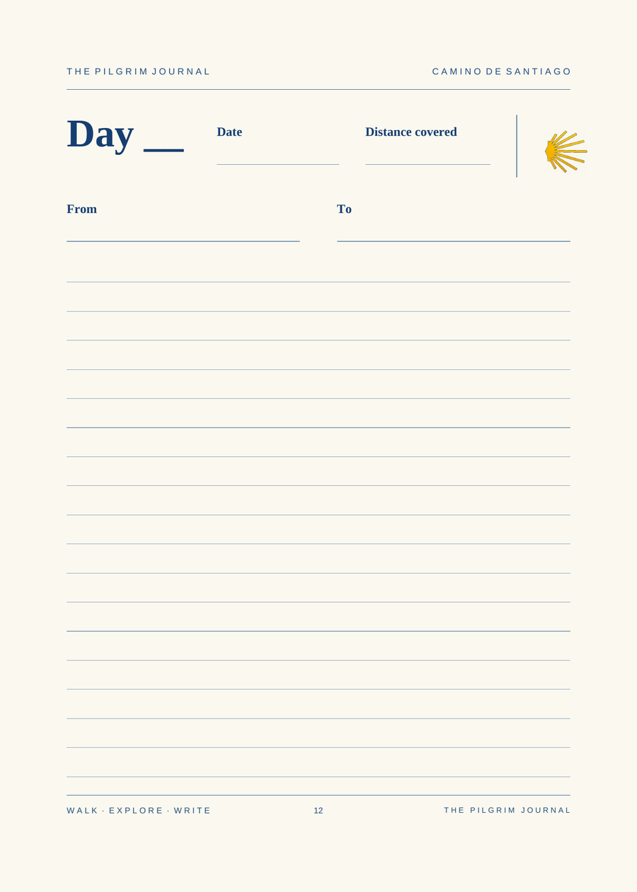 Day, date, distance and route — the daily journal page