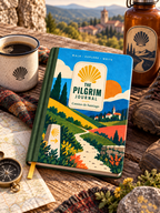 Sunlit Camino hardcover journal with a colourful path illustration